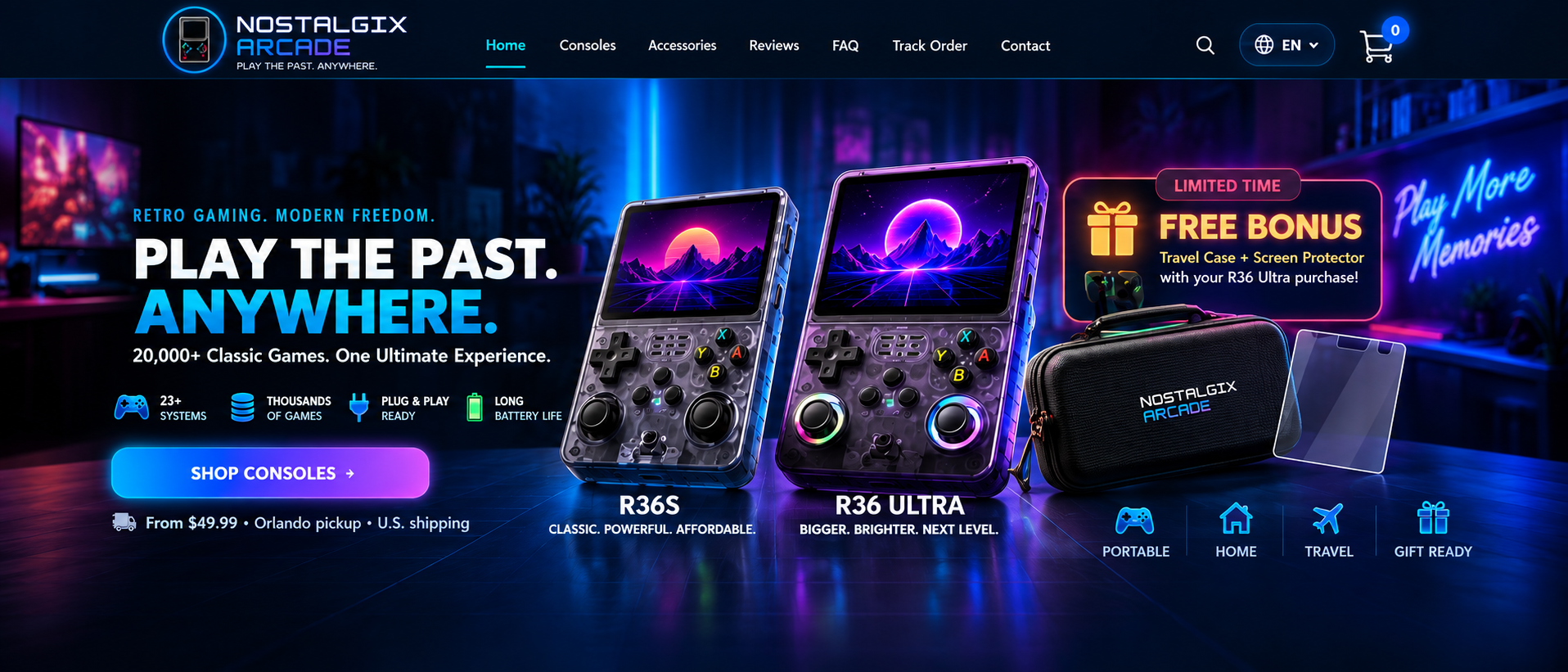 Nostalgix Arcade desktop hero banner with R36S and R36 Ultra consoles